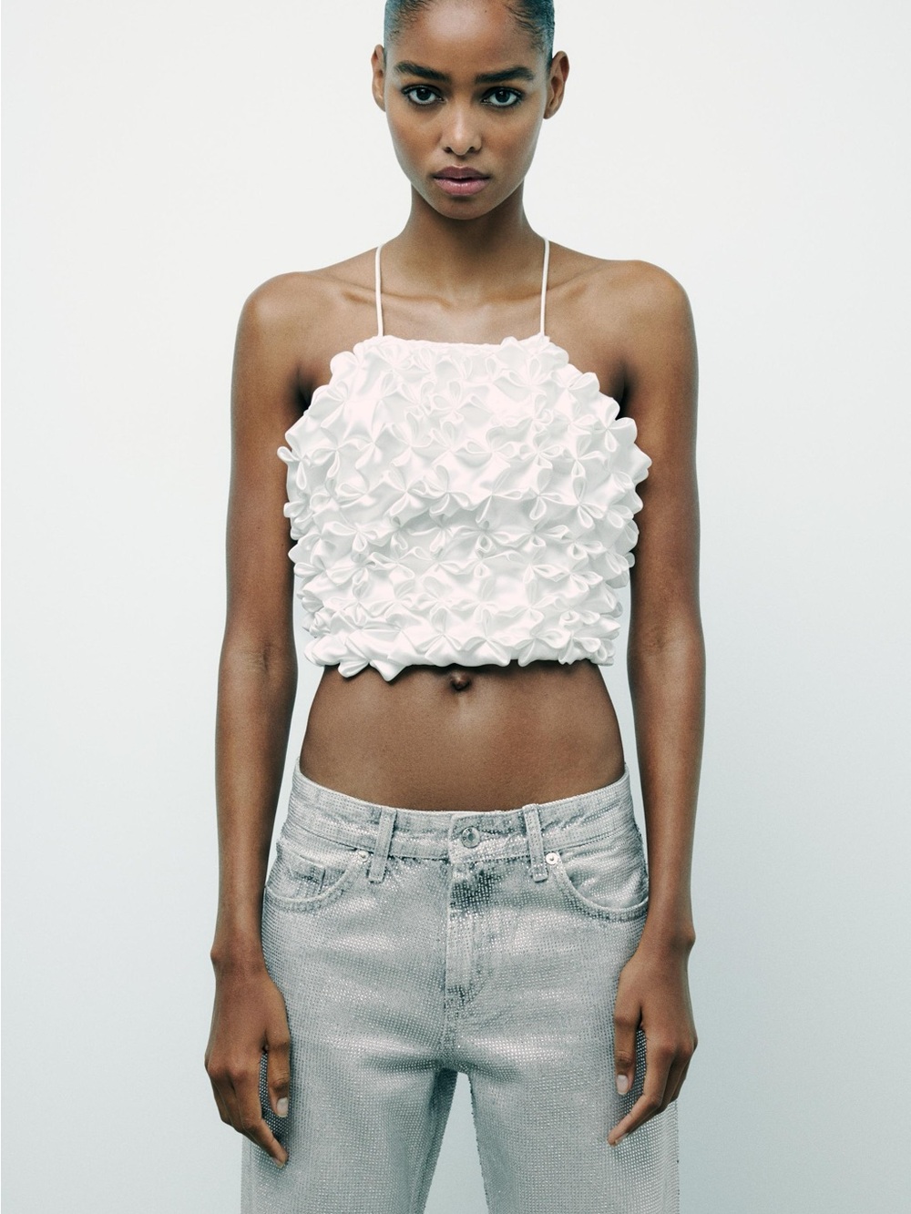 Zara White Satin Effect Textured Ruffle Crop Top